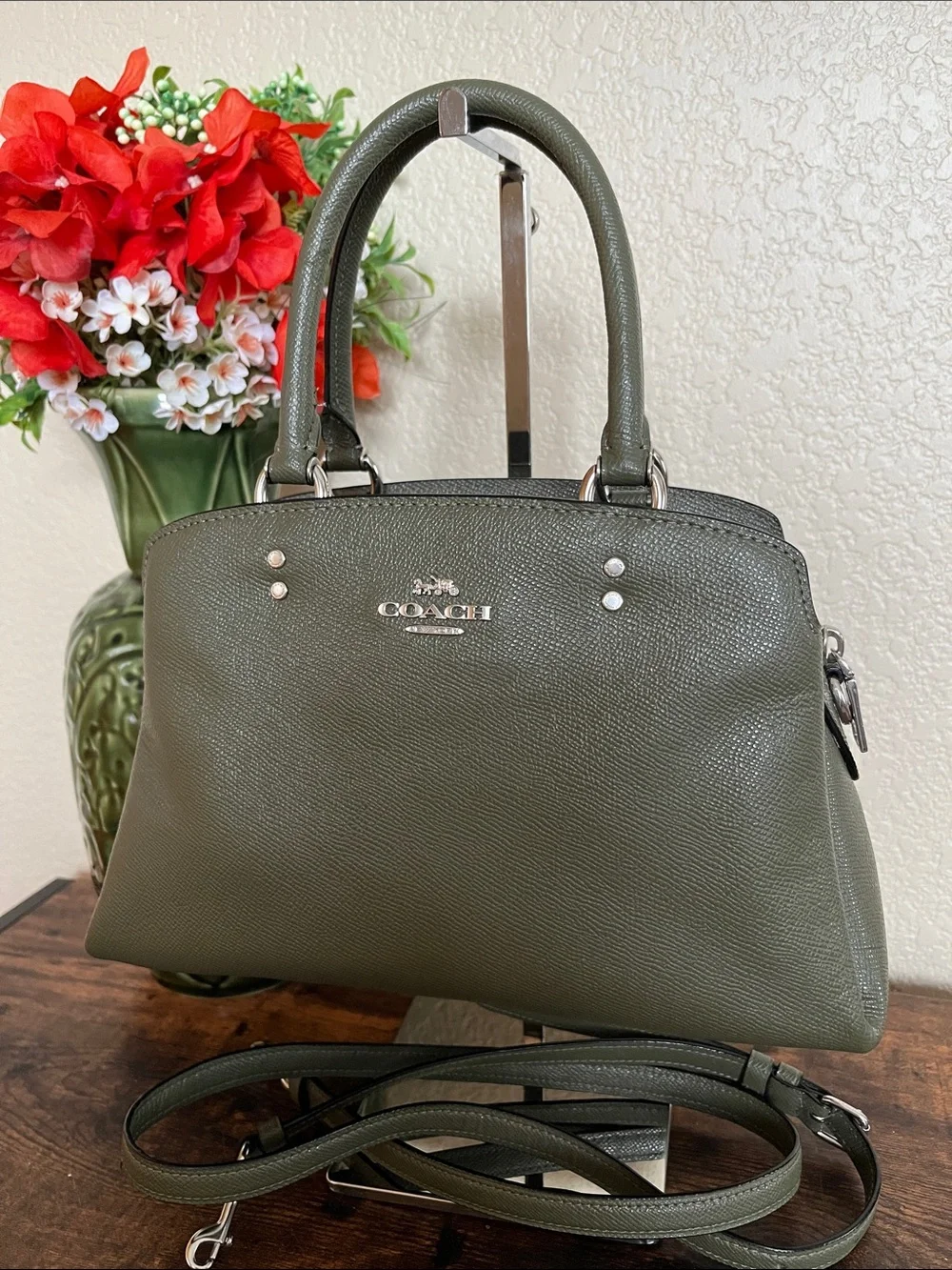 Coach 91146 Mini Lillie Carryall Bag Crossgrain Leather Crossbody Olive